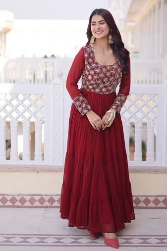 Maroon Designer Readymade Long Kurti With Embroidery Zari Sequins Work