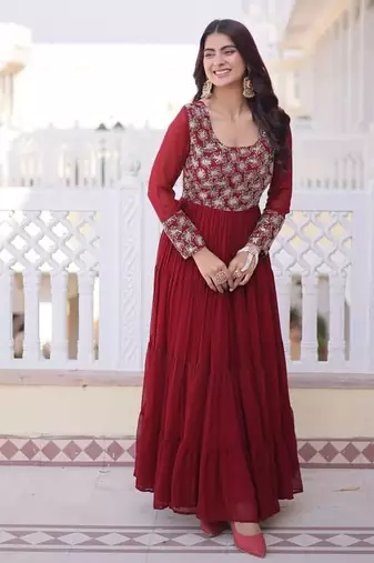 Maroon Designer Readymade Long Kurti With Embroidery Zari Sequins Work
