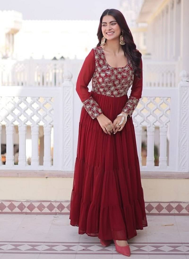Maroon Designer Readymade Long Kurti With Embroidery Zari Sequins Work