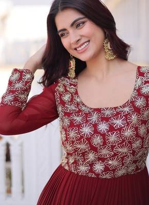 maroon faux georgette anarkali gown with zari work 4