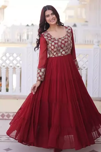 maroon faux georgette anarkali gown with zari work