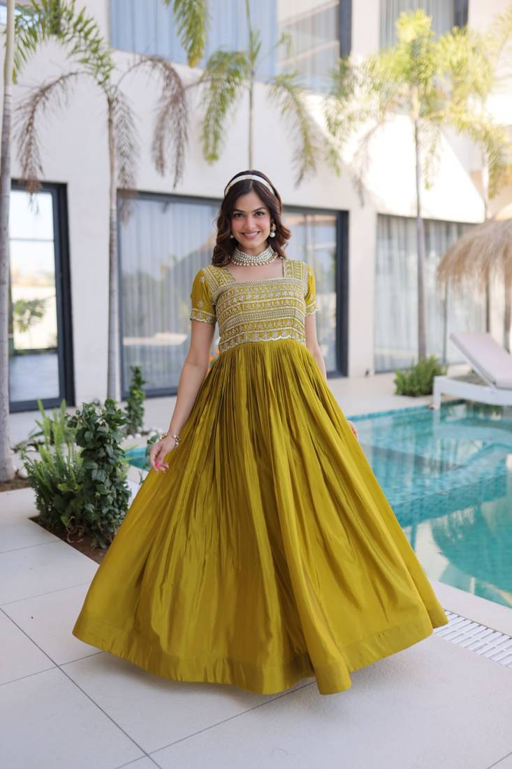 mehndi Designer Readymade Long Kurti With Embroidery Zari Sequins Wor