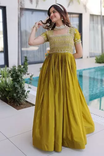 mehendi art silk anarkali gown with zari embroidery