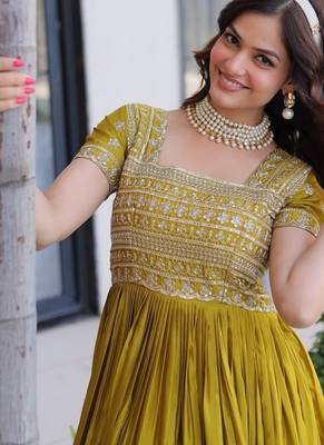 mehendi art silk anarkali gown with zari embroidery 5