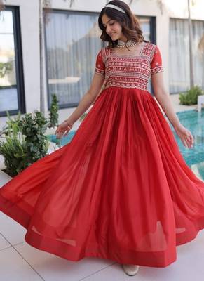 red art silk long kurti with zari sequins bead work 2