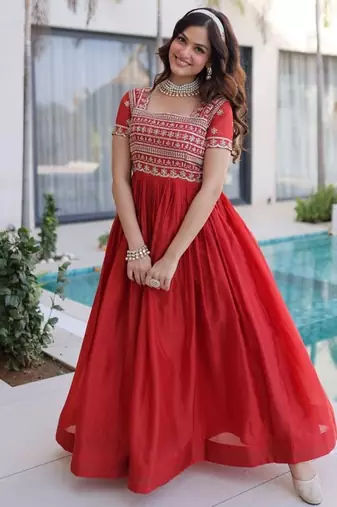 red art silk long kurti with zari sequins bead work