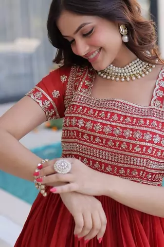 red art silk long kurti with zari sequins bead work