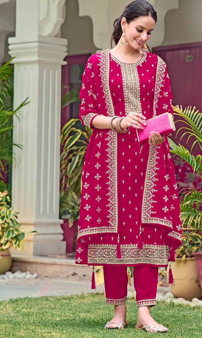 Magenta embroidered georgette semi-stitched pakistani salwar suit