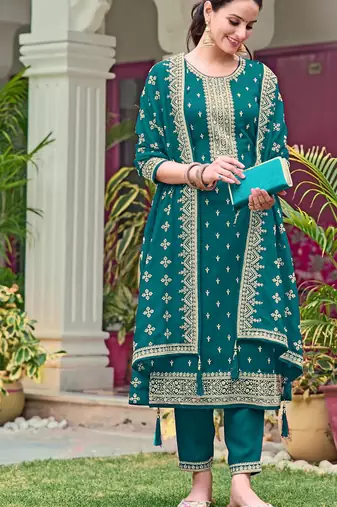Teal embroidered georgette semi-stitched pakistani salwar suit