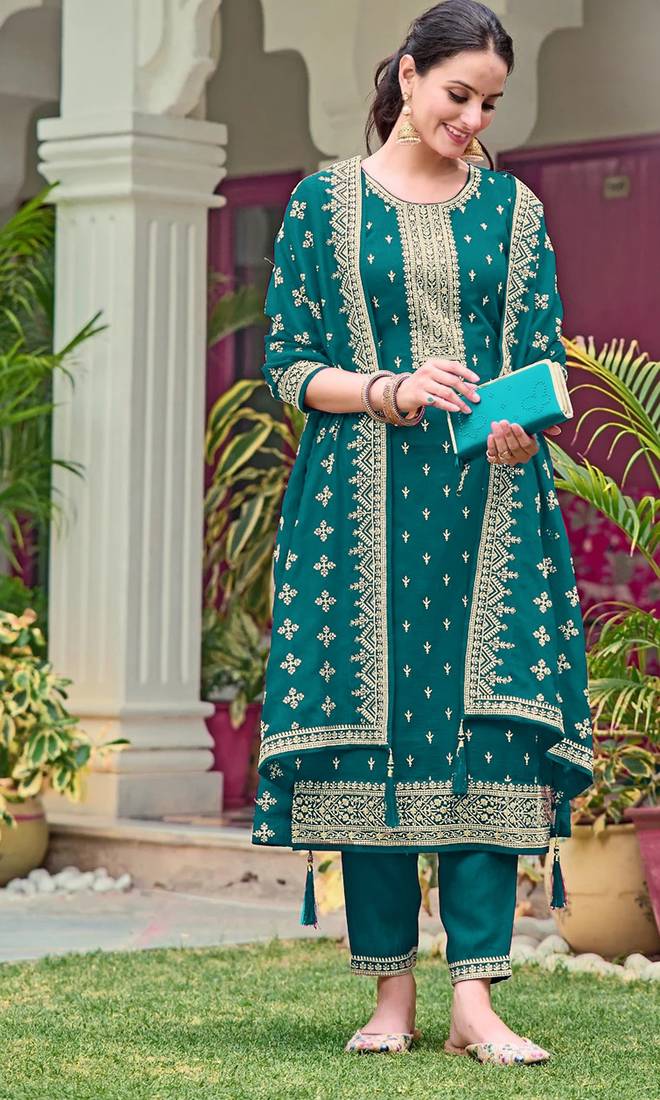 Teal embroidered georgette semi-stitched pakistani salwar suit