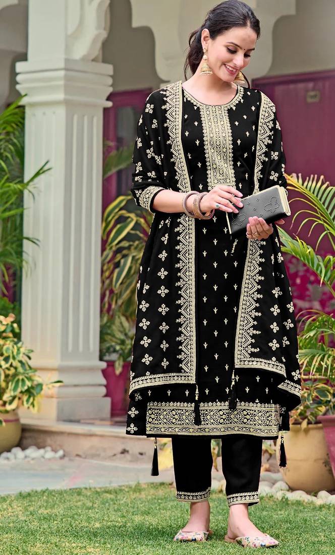 Black embroidered georgette semi-stitched pakistani salwar suit