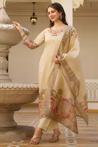 Women's cream viscose silk sequin embroidered kurta pant set with printed silk dupatta