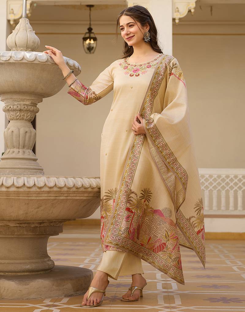 Women's cream viscose silk sequin embroidered kurta pant set with printed silk dupatta