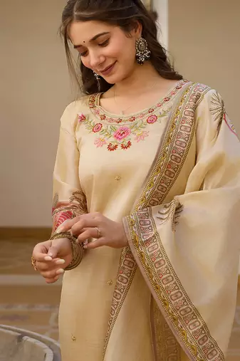 Women's cream viscose silk sequin embroidered kurta pant set with printed silk dupatta