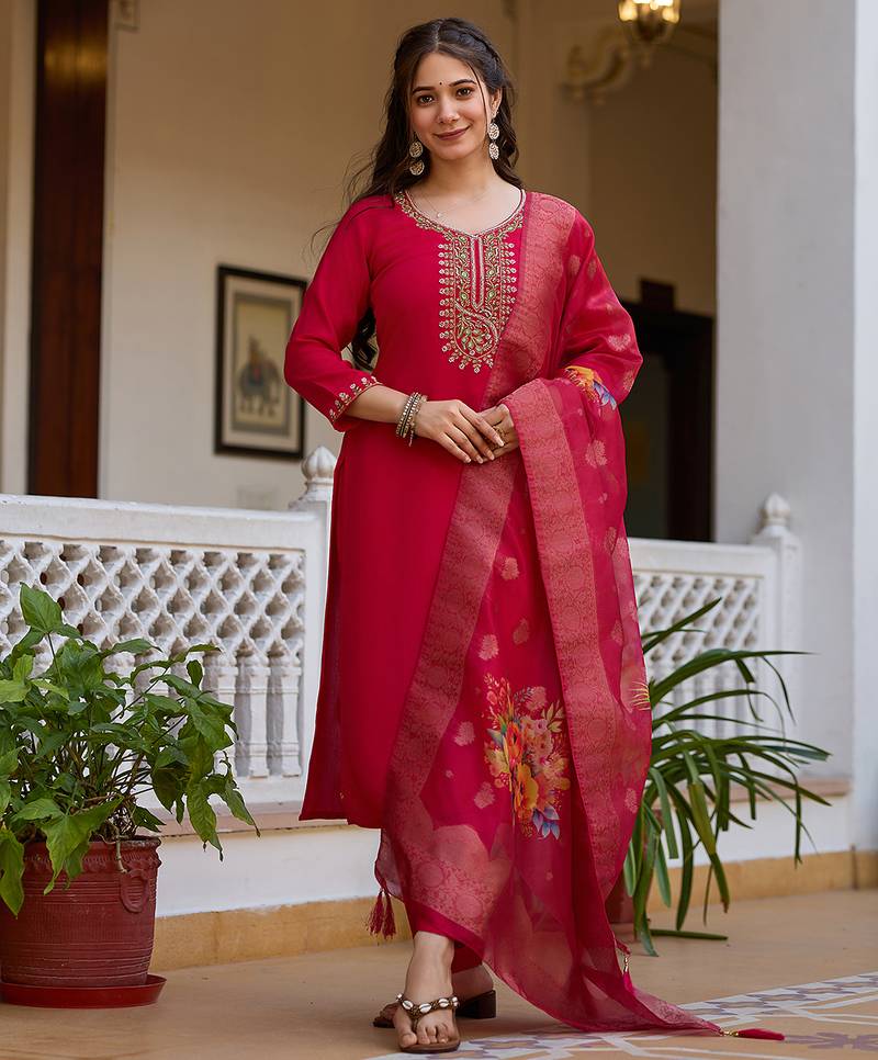 Women's red viscose chanderi silk sequin embroidered kurta pant set with organza dupatta