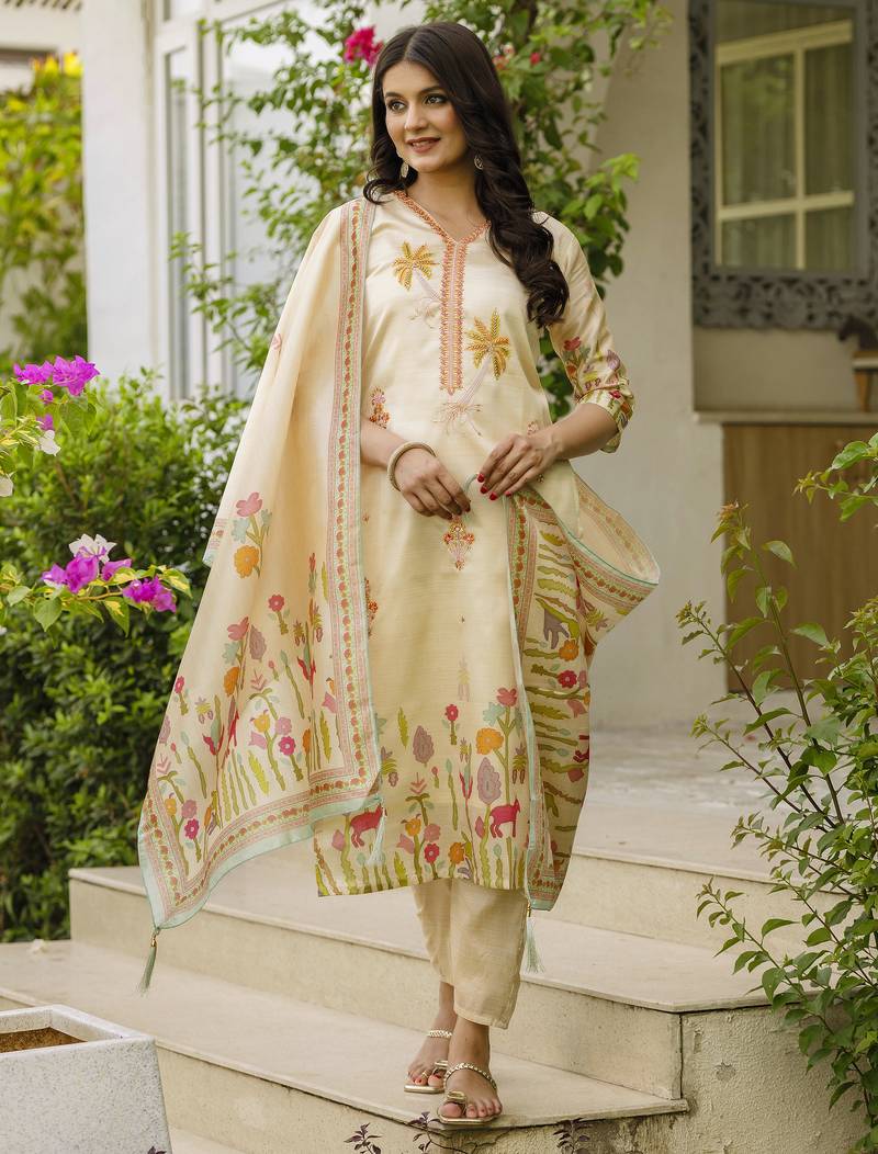 Women's cream viscose silk sequin & stone embroidered kurta pant set with printed silk dupatta