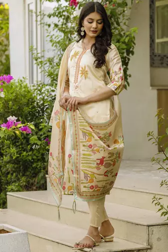 Women's cream viscose silk sequin & stone embroidered kurta pant set with printed silk dupatta