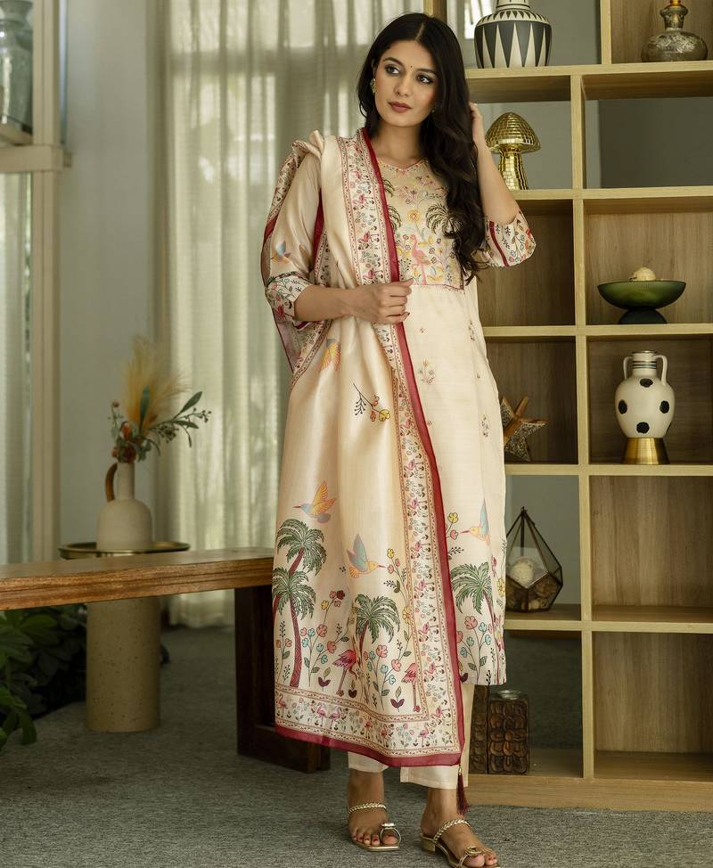 Women's cream viscose silk sequin & stone embroidered kurta pant set with printed silk dupatta