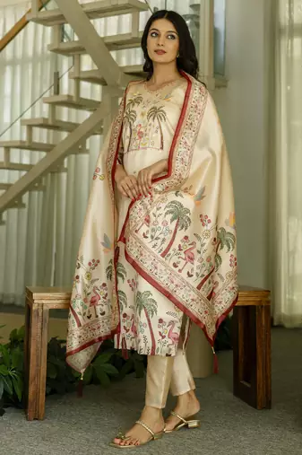 Women's cream viscose silk sequin & stone embroidered kurta pant set with printed silk dupatta
