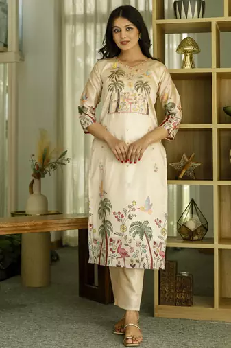 Women's cream viscose silk sequin & stone embroidered kurta pant set with printed silk dupatta
