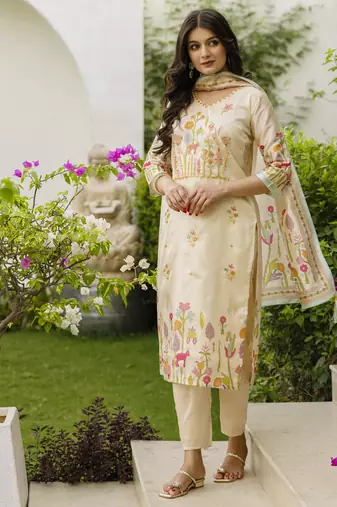 Women's cream viscose silk sequin & stone embroidered kurta pant set with printed silk dupatta