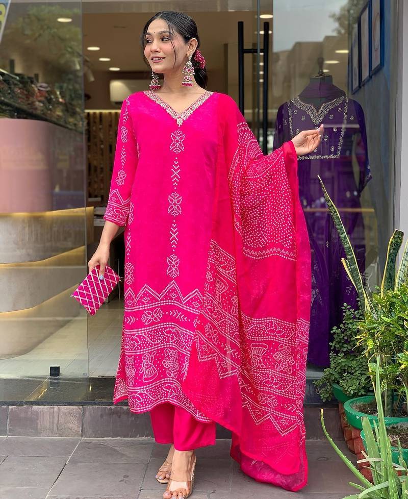 Pink french crepe v-neck kurta with sequin and stone embroidery printed chinon dupatta for elegant festive wear.