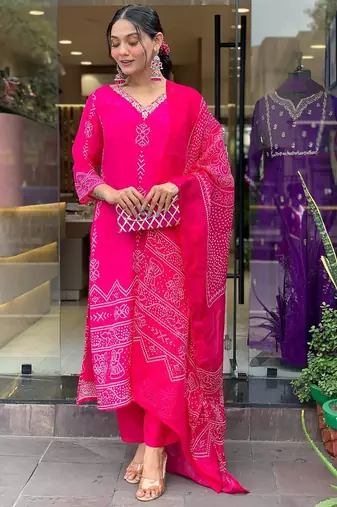 Pink french crepe v-neck kurta with sequin and stone embroidery printed chinon dupatta for elegant festive wear.