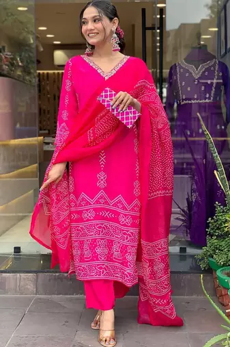 Pink french crepe v-neck kurta with sequin and stone embroidery printed chinon dupatta for elegant festive wear.