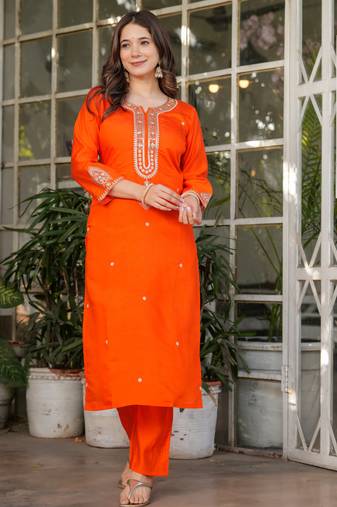 Women's orange viscose chanderi embroidered kurta pant set with jacquard dupatta