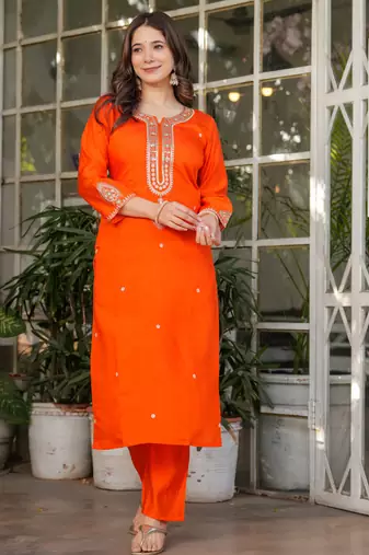 Women's orange viscose chanderi embroidered kurta pant set with jacquard dupatta