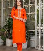 Women's orange viscose chanderi embroidered kurta pant set with jacquard dupatta