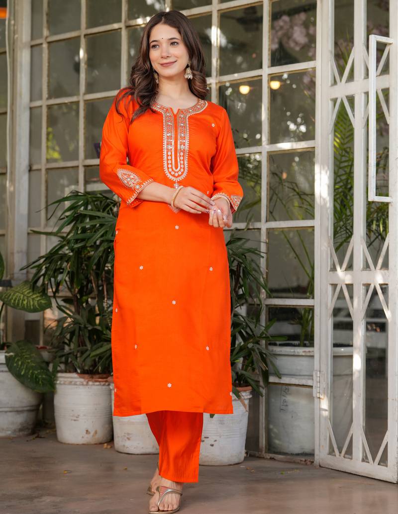 Women's orange viscose chanderi embroidered kurta pant set with jacquard dupatta