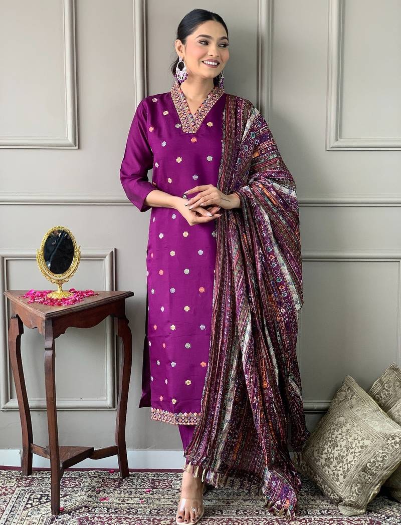 Women's purple viscose chanderi embroidered kurta pant set with printed chinon dupatta