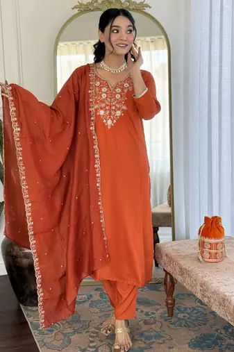 Women's orange viscose chinon embroidered kurta pant set with chanderi dupatta