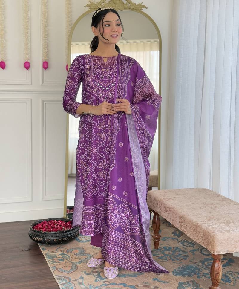 Purple french crepe sequin & stone embroidery kurta pant set with printed chinon dupatta