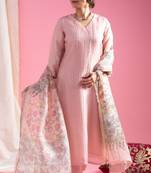 Women's pink viscose chanderi sequin stone embroidery v-neck kurta pant set with printed organza dupatta