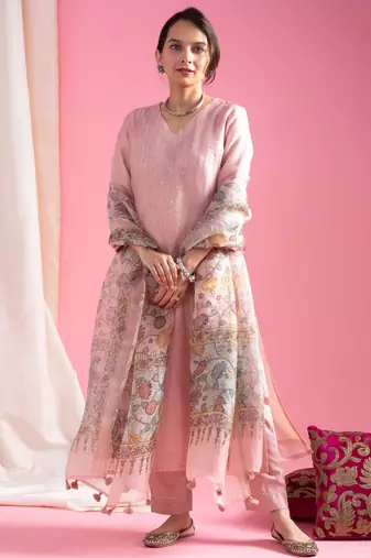 Women's pink viscose chanderi sequin stone embroidery v-neck kurta pant set with printed organza dupatta