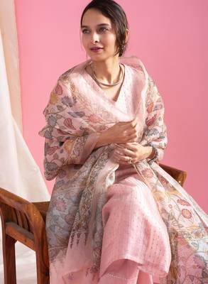 Women's pink viscose chanderi sequin stone embroidery v-neck kurta pant set with printed organza dupatta 3