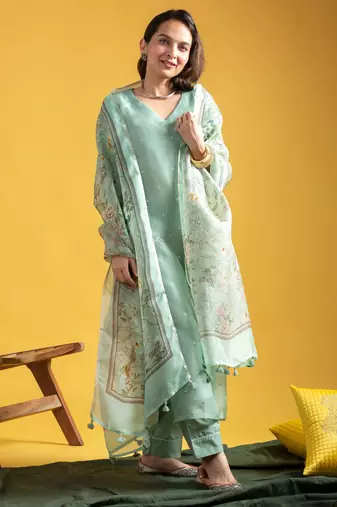 Women's olive green viscose chanderi sequin stone embroidered v-neck kurta pant set with organza dupatta