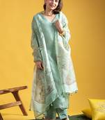 Women's olive green viscose chanderi sequin stone embroidered v-neck kurta pant set with organza dupatta