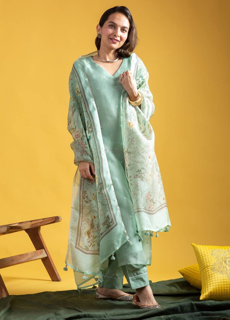 Women's olive green viscose chanderi sequin stone embroidered v-neck kurta pant set with organza dupatta