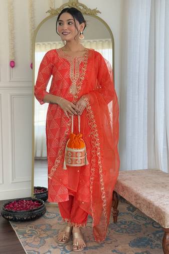 Women's orange sequin embroidered french crepe kurta pant set with organza dupatta