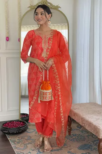 Women's orange sequin embroidered french crepe kurta pant set with organza dupatta