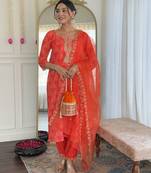 Women's orange sequin embroidered french crepe kurta pant set with organza dupatta