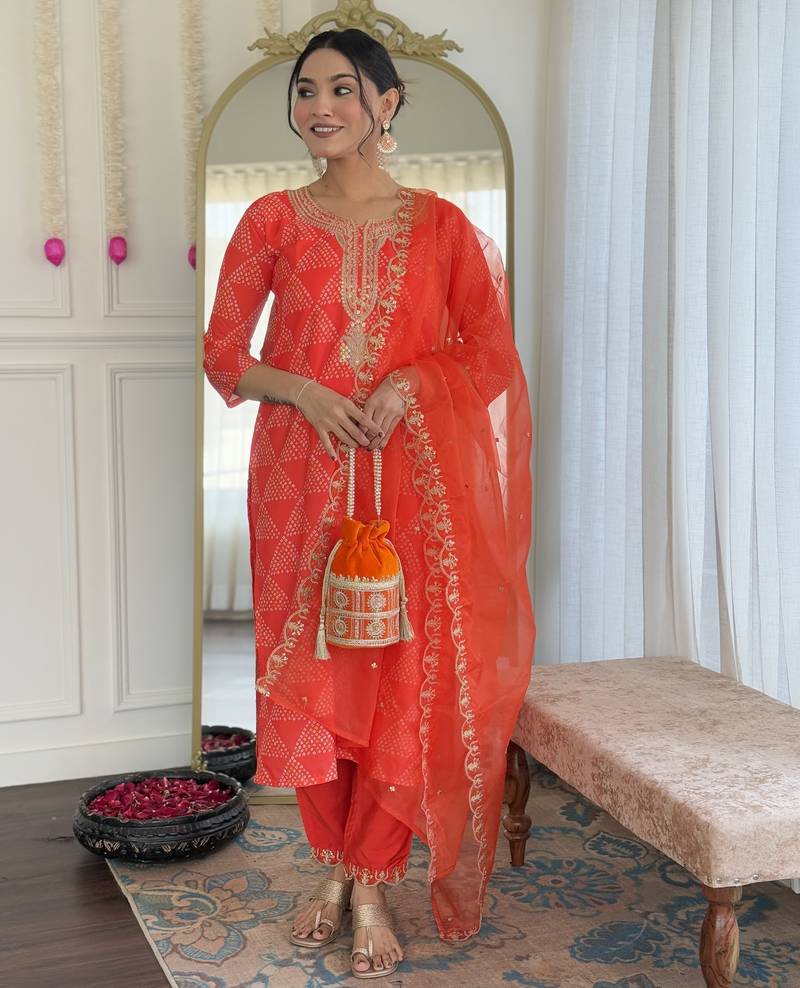 Women's orange sequin embroidered french crepe kurta pant set with organza dupatta