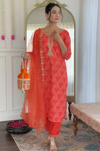 Women's orange sequin embroidered french crepe kurta pant set with organza dupatta