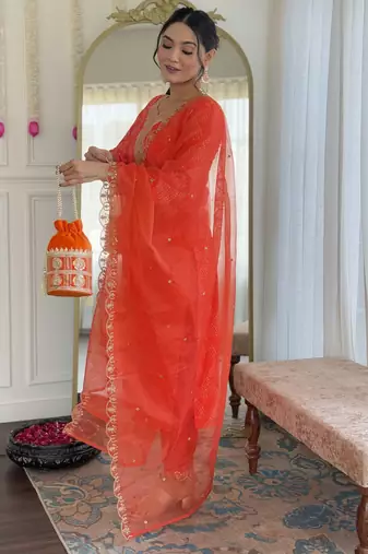 Women's orange sequin embroidered french crepe kurta pant set with organza dupatta