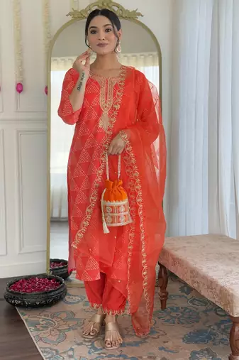 Women's orange sequin embroidered french crepe kurta pant set with organza dupatta