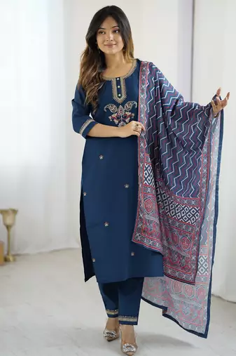 Women's navy blue chanderi silk sequin embroidered kurta pant set with printed muslin dupatta