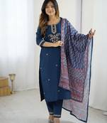 Women's navy blue chanderi silk sequin embroidered kurta pant set with printed muslin dupatta